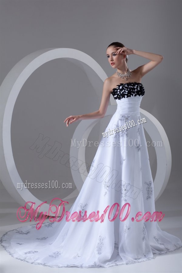 A-line Strapless Appliques Ruching Court Train Wedding Dress