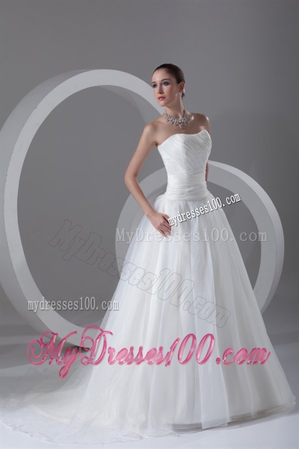 A-line Strapless Ruching Brush Train Organza Wedding Dress
