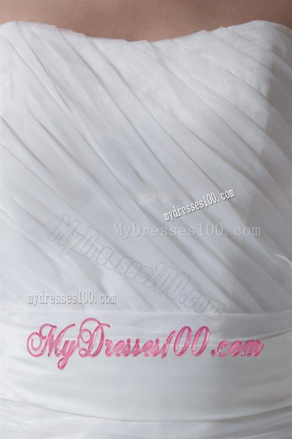 A-line Strapless Ruching Brush Train Organza Wedding Dress