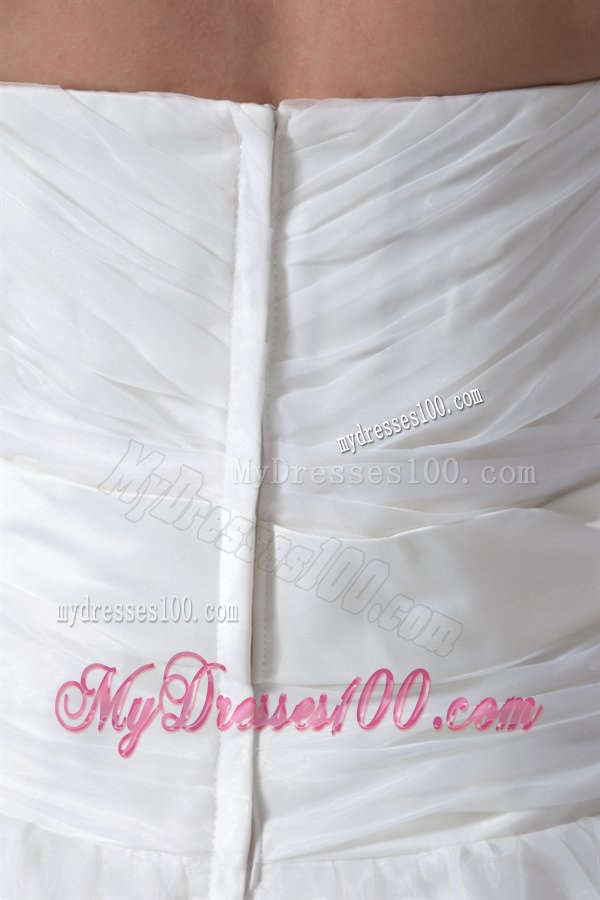 A-line Strapless Ruching Brush Train Organza Wedding Dress