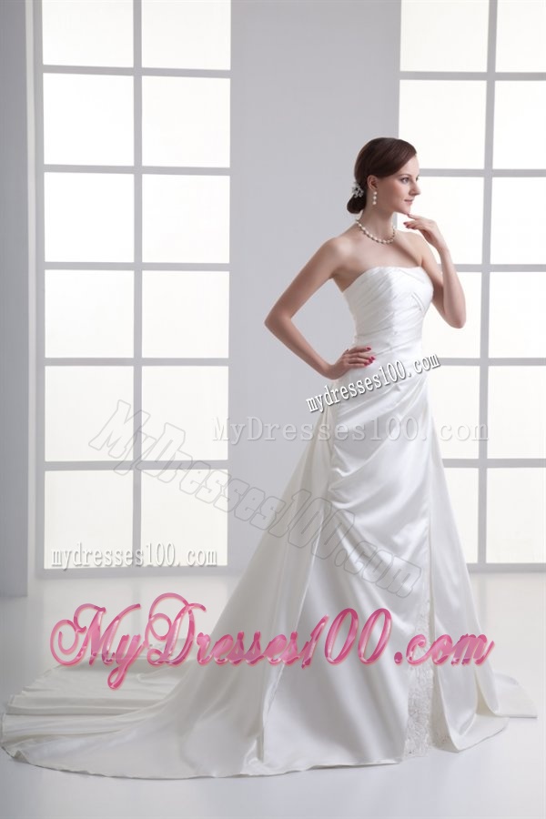 A-line Strapless Ruching Chapel Train Satin Wedding Dress