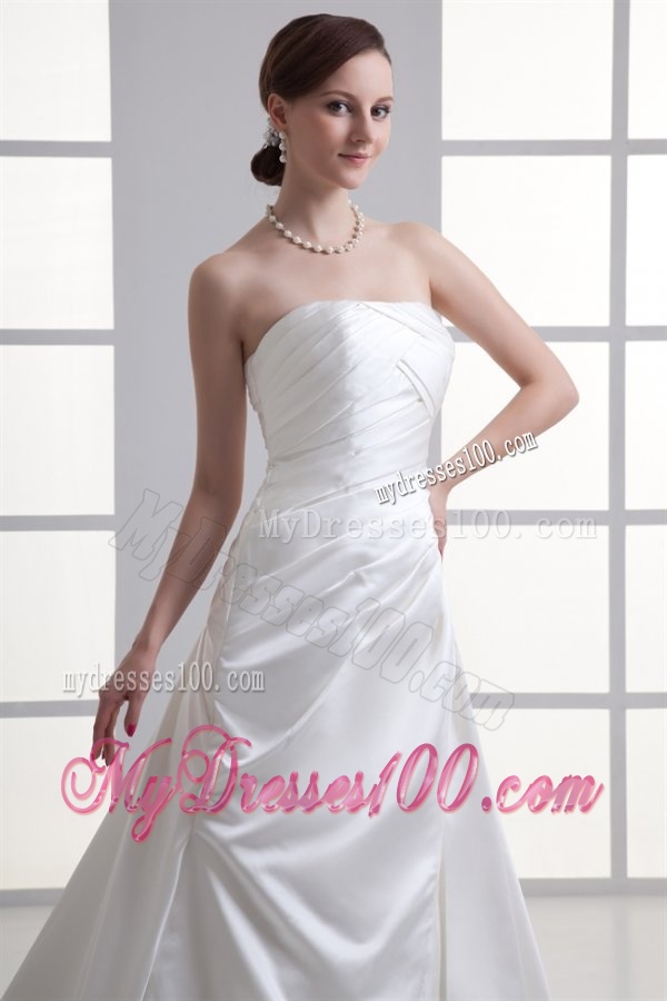 A-line Strapless Ruching Chapel Train Satin Wedding Dress