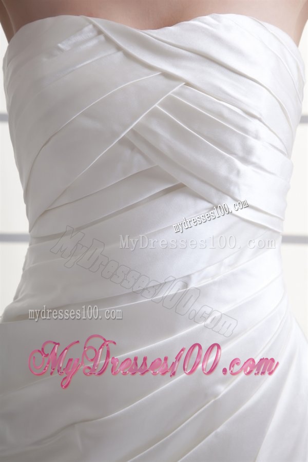 A-line Strapless Ruching Chapel Train Satin Wedding Dress