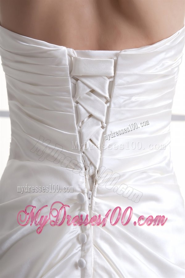 A-line Strapless Ruching Chapel Train Satin Wedding Dress