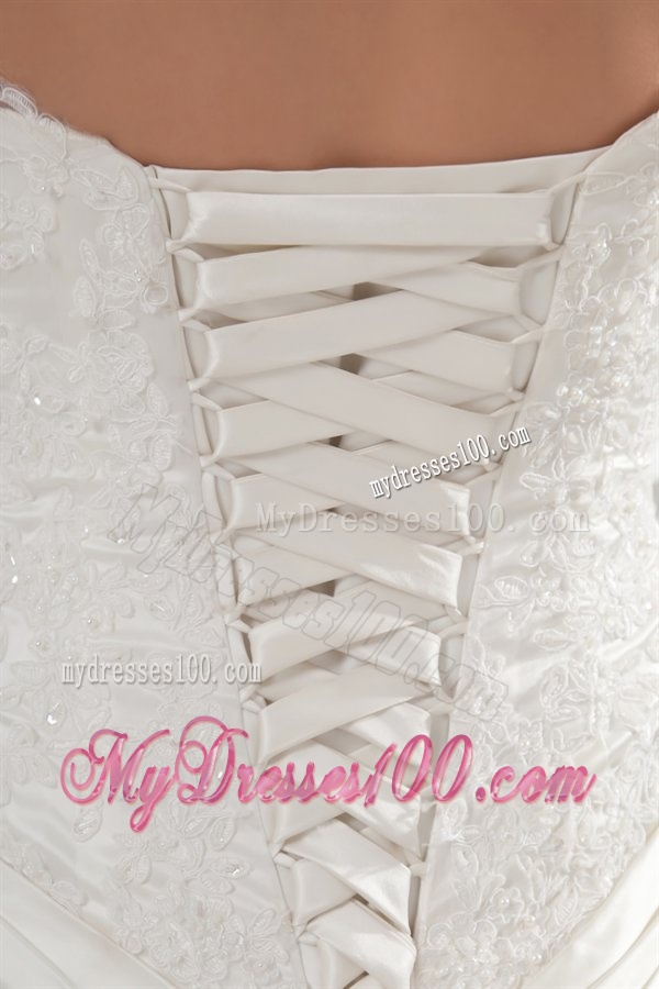 A-line Sweetheart Appliques Ruching Court Train Wedding Dress