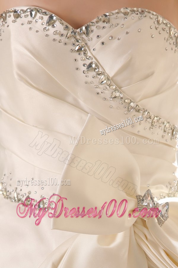 A-line Sweetheart Beading Bow Ruching Chapel Train Wedding Dress