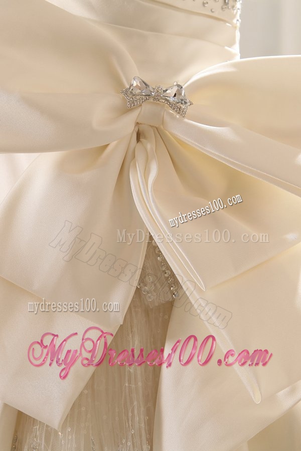 A-line Sweetheart Beading Bow Ruching Chapel Train Wedding Dress