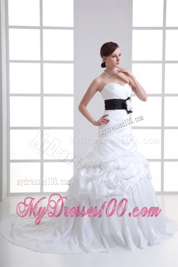A-line Sweetheart Sash Pick-ups Ruching Court Train Wedding Dress