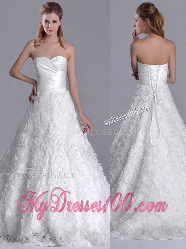 Affordable A Line Brush Train Ruched Wedding Gown with Rolling Flowers