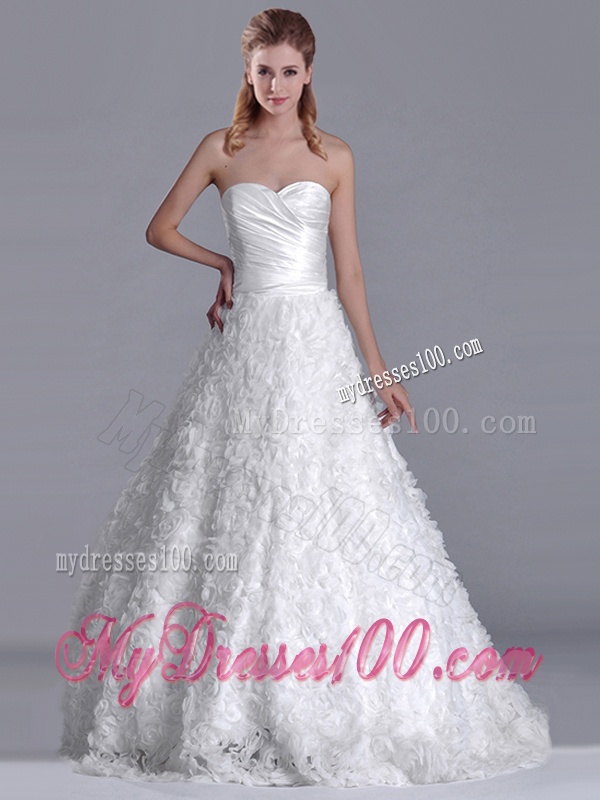 Affordable A Line Brush Train Ruched Wedding Gown with Rolling Flowers