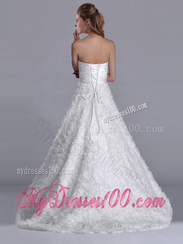 Affordable A Line Brush Train Ruched Wedding Gown with Rolling Flowers