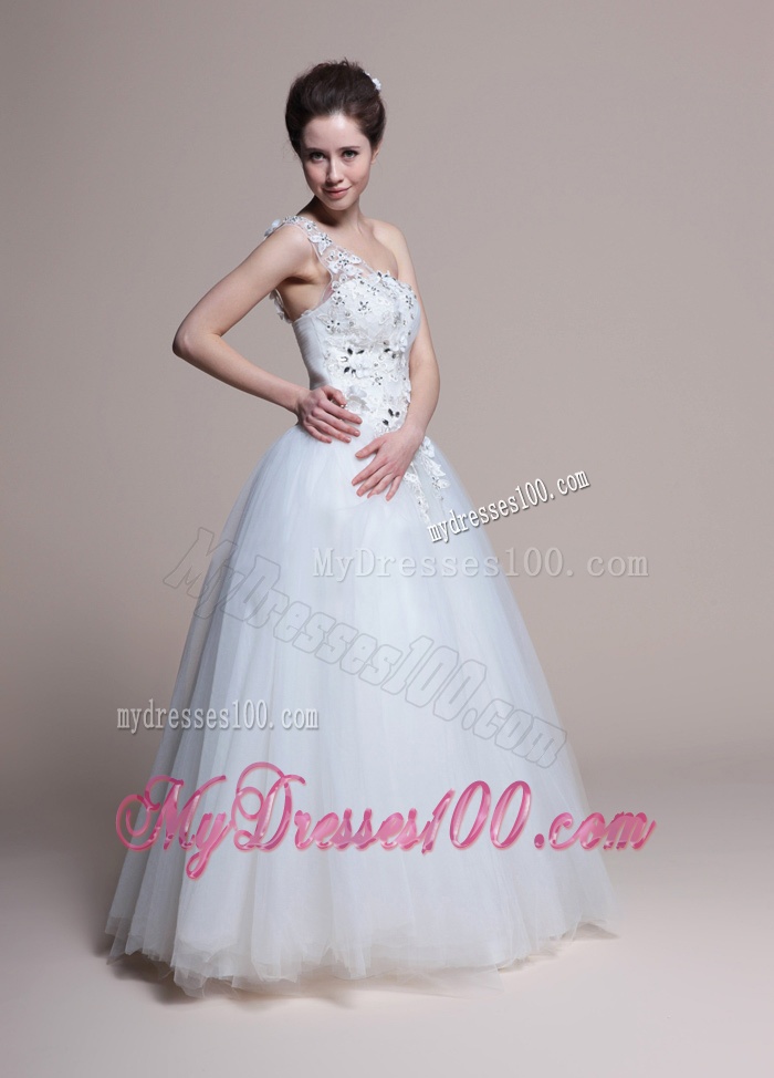 Affordable A Line One Shoulder Appliques Wedding Dresses in Tulle