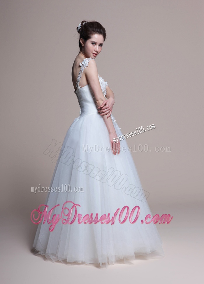 Affordable A Line One Shoulder Appliques Wedding Dresses in Tulle