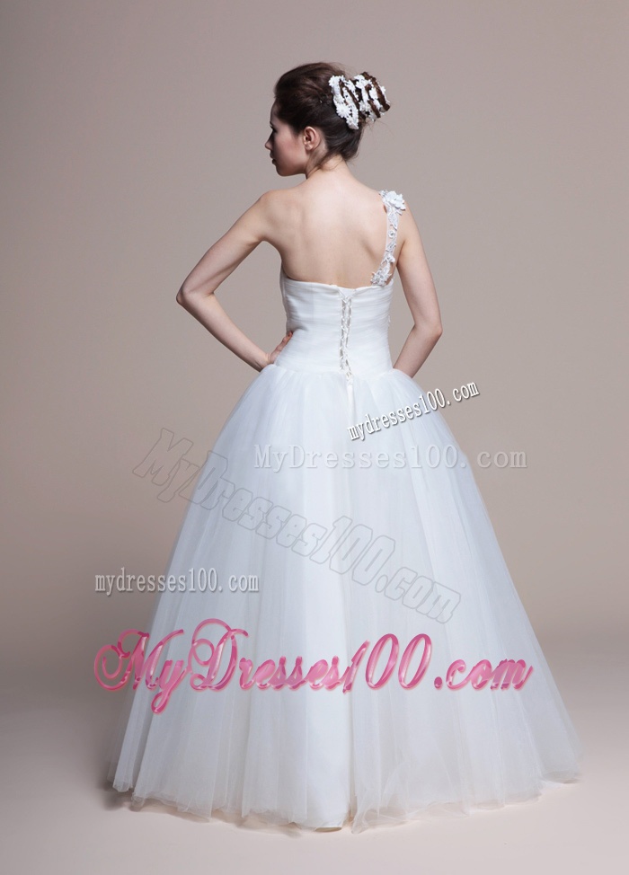 Affordable A Line One Shoulder Appliques Wedding Dresses in Tulle