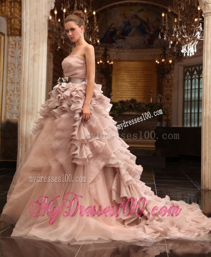 Ball Gown Strapless Champagne Ruffles Organza Wedding Dress with Court Train