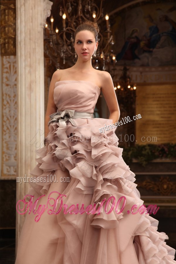 Ball Gown Strapless Champagne Ruffles Organza Wedding Dress with Court Train