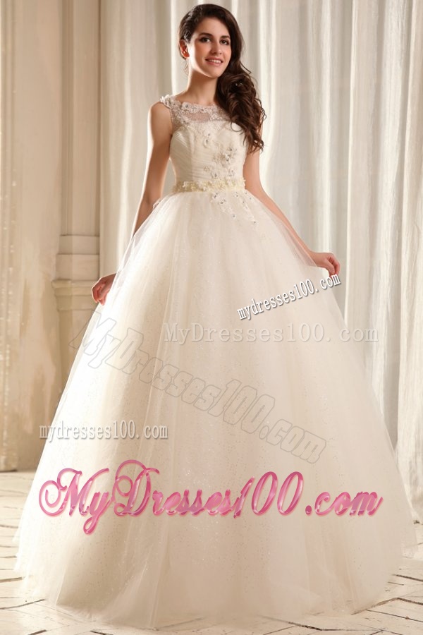 Bateau Ball Gown Beading and Appliques Wedding Dress in Floor-length