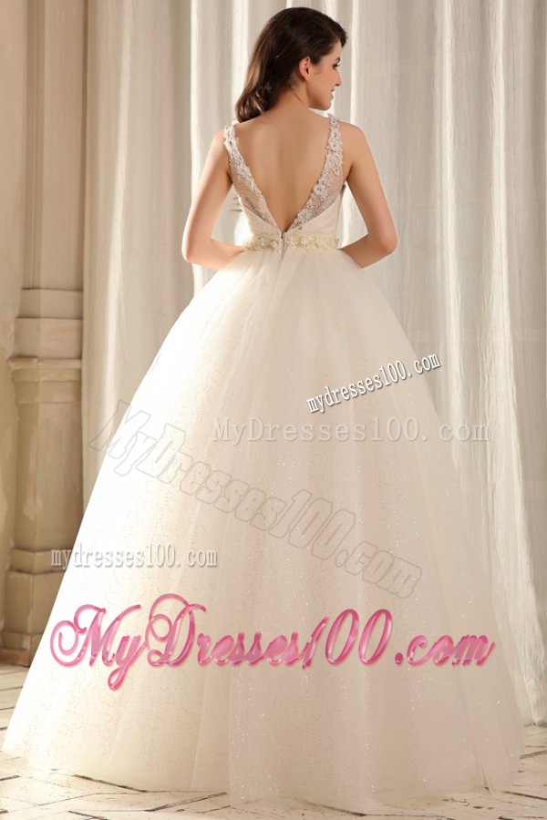 Bateau Ball Gown Beading and Appliques Wedding Dress in Floor-length
