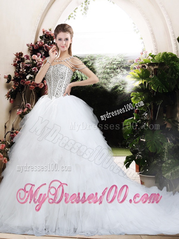 Beautiful Ball Gown Chapel Train Wedding Dresses with Beading and Ruffles