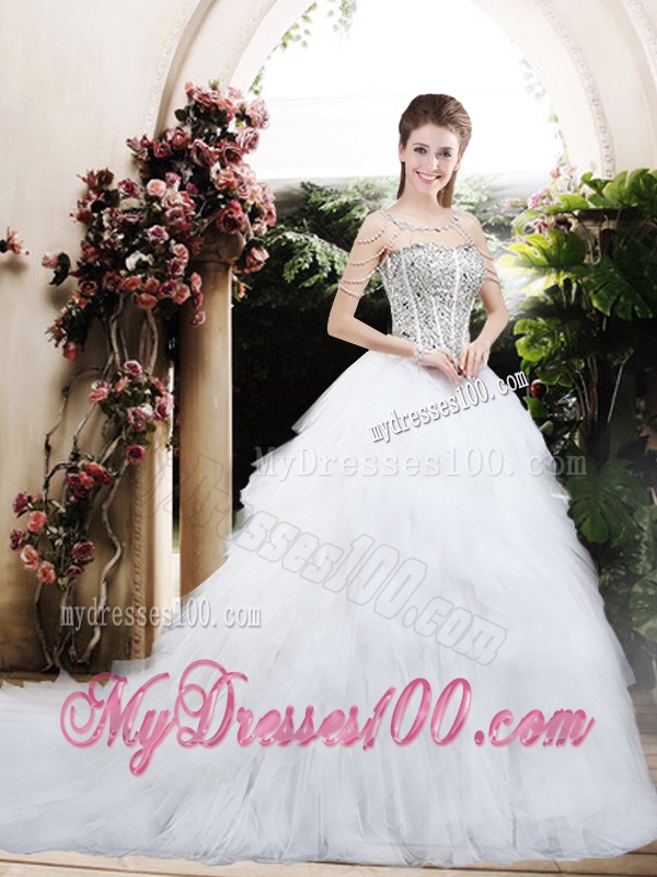 Beautiful Ball Gown Chapel Train Wedding Dresses with Beading and Ruffles