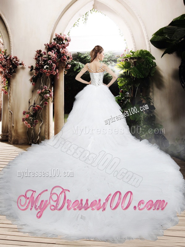 Beautiful Ball Gown Chapel Train Wedding Dresses with Beading and Ruffles