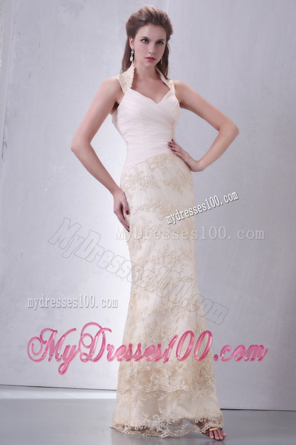 Beautiful Halter Top Column Lace Champagne Wedding Dress Floor-length