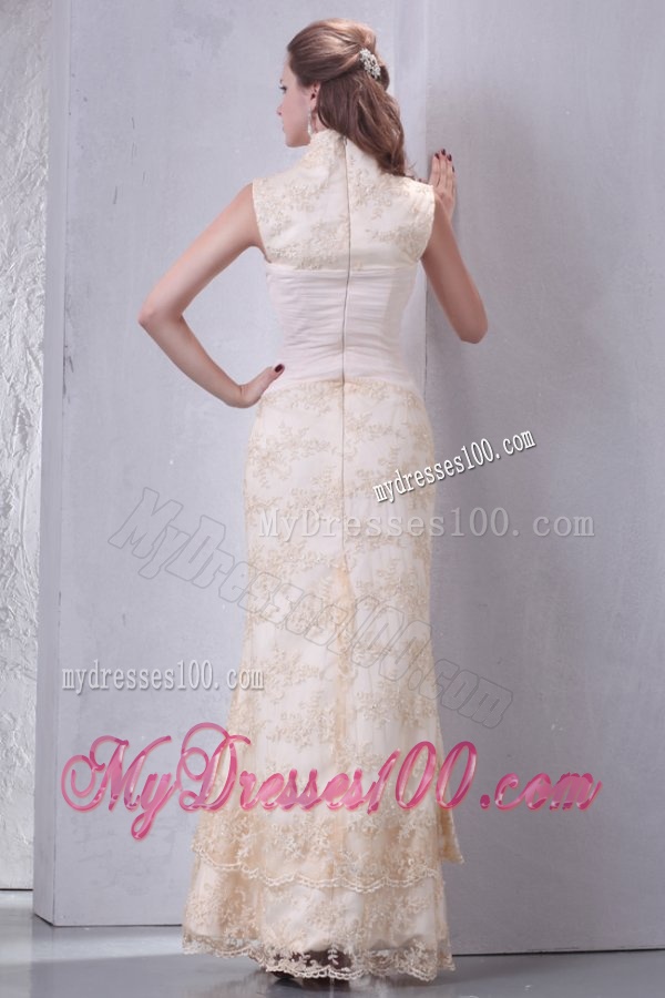 Beautiful Halter Top Column Lace Champagne Wedding Dress Floor-length