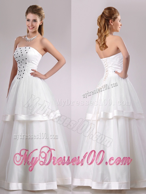 Beautiful Strapless A Line Beaded Long Wedding Dress in Tulle