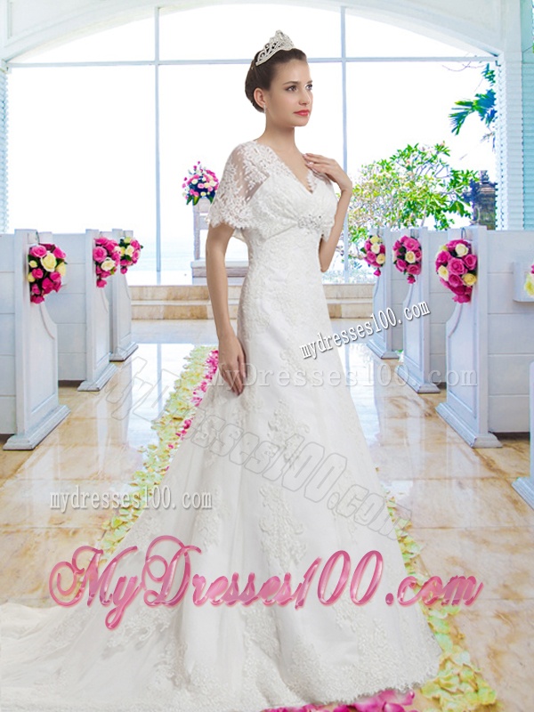 Best Selling V Neck Bridal Gowns with Short Sleeves for 2016