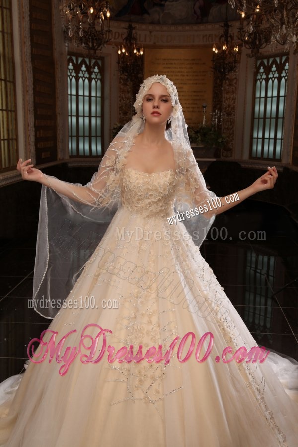 Champagne Ball Gown Sweetheart Hand Made Flower Tulle Wedding Dress