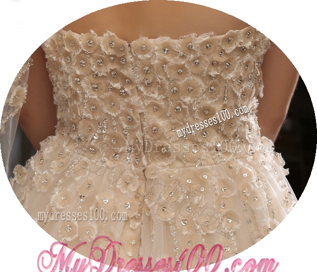 Champagne Ball Gown Sweetheart Hand Made Flower Tulle Wedding Dress
