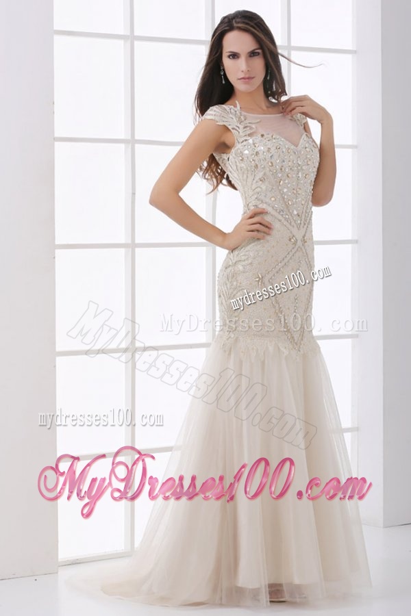 Champagne Scoop Cap Sleeves Beading Brush Train Wedding Dress