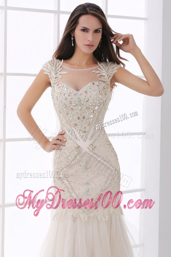Champagne Scoop Cap Sleeves Beading Brush Train Wedding Dress