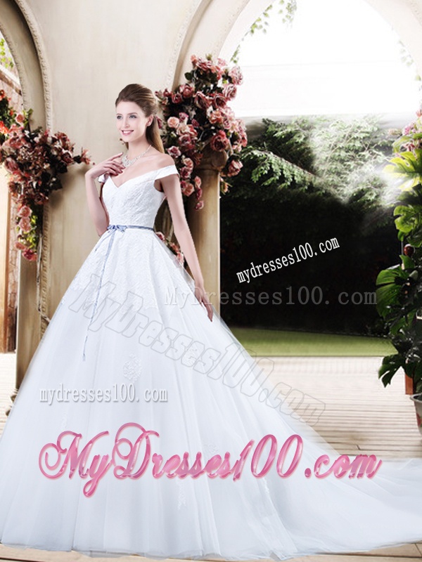 Cheap Off the Shoulder Wedding Dresses with Appliques and Belt
