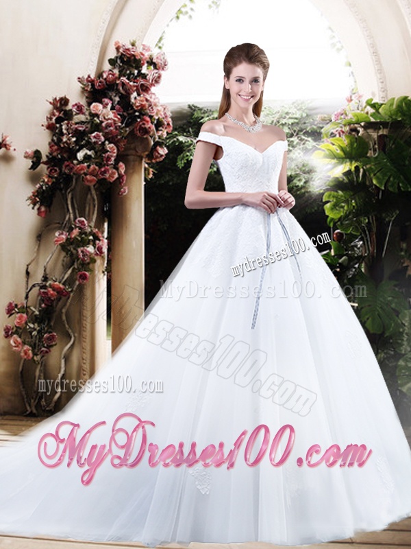 Cheap Off the Shoulder Wedding Dresses with Appliques and Belt