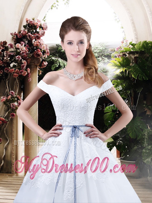 Cheap Off the Shoulder Wedding Dresses with Appliques and Belt