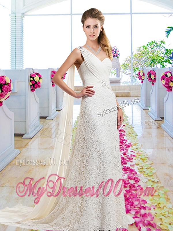 Classical One Shoulder Bridal Gowns with Lace and Beading