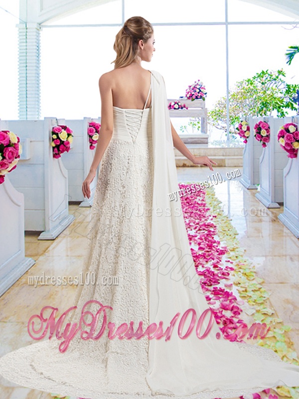 Classical One Shoulder Bridal Gowns with Lace and Beading