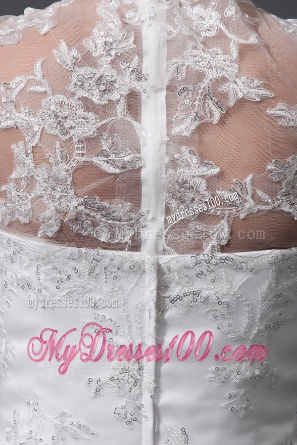 Column High Neck Appliques Lace Wedding Dress with Court Train