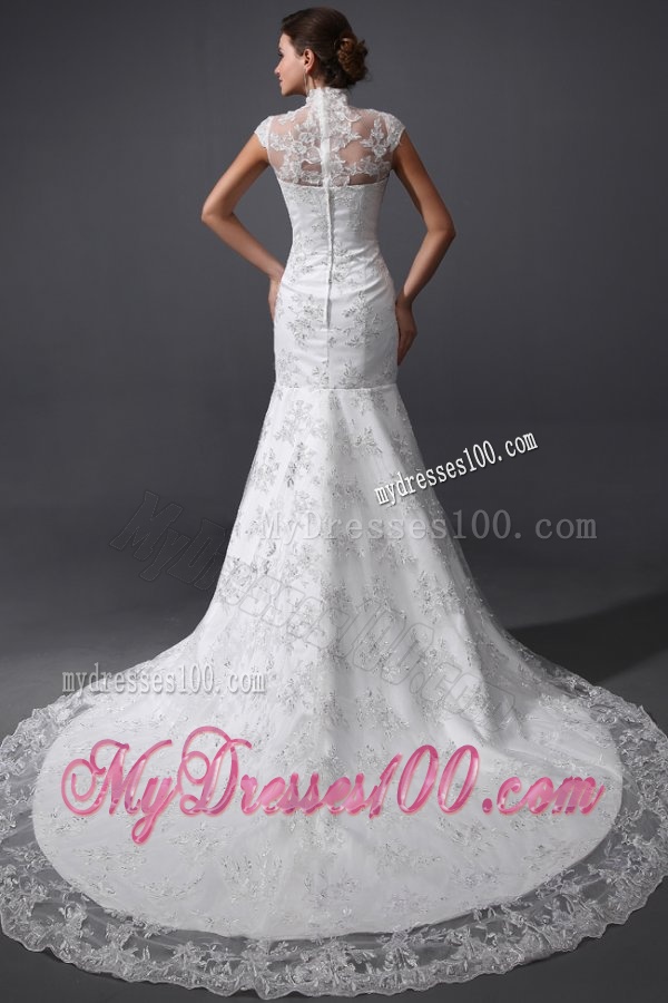 Column High Neck Appliques Lace Wedding Dress with Court Train