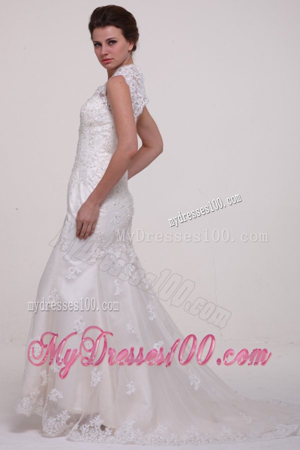 Column High Neck Brush Train Appliques Lace Wedding Dress