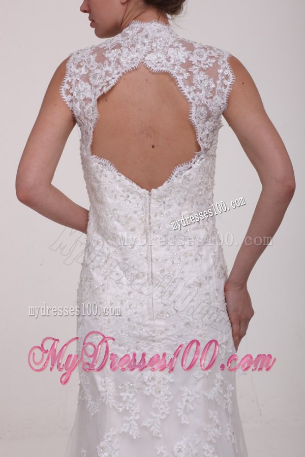 Column High Neck Brush Train Appliques Lace Wedding Dress