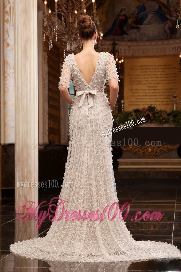 Column High Neck Zipper Up Tulle Wedding Dress with Half Sleeves