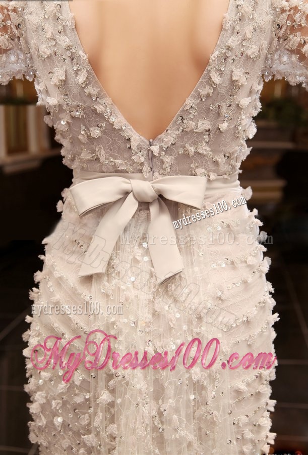 Column High Neck Zipper Up Tulle Wedding Dress with Half Sleeves