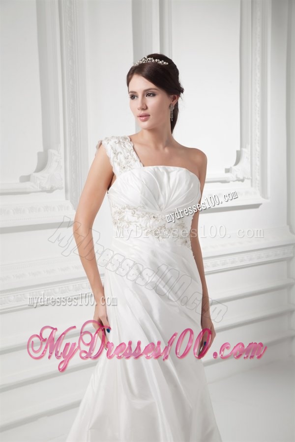 Column One Shoulder Appliques and Ruching Chiffon Wedding Dress