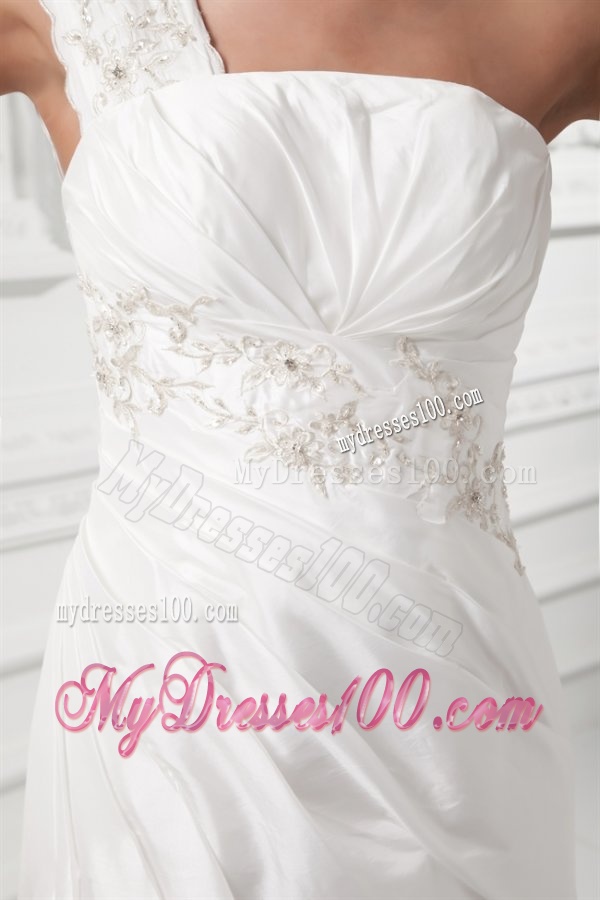 Column One Shoulder Appliques and Ruching Chiffon Wedding Dress