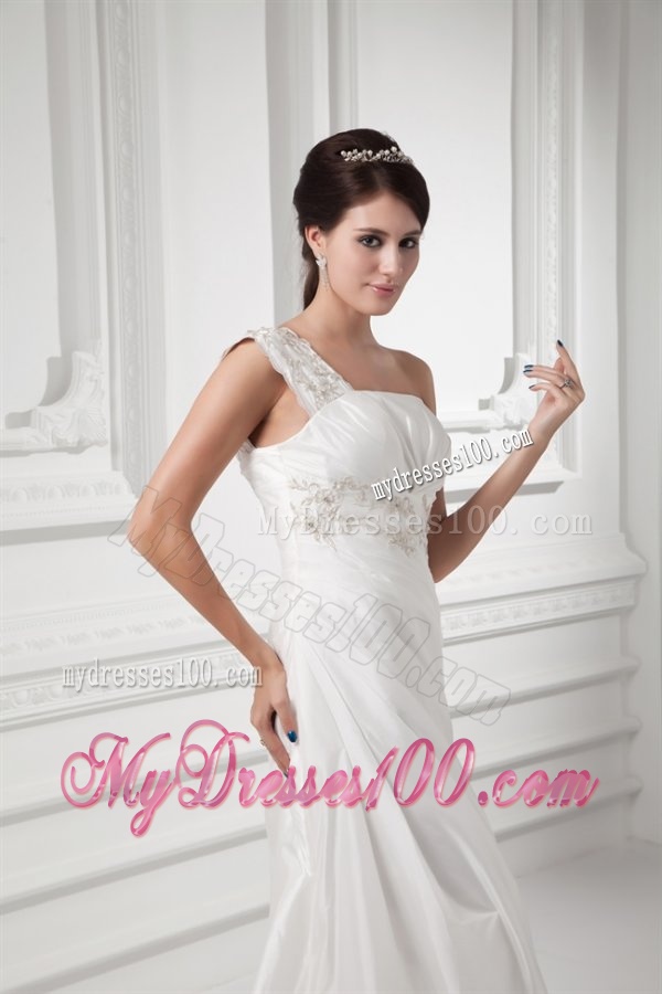 Column One Shoulder Appliques and Ruching Chiffon Wedding Dress