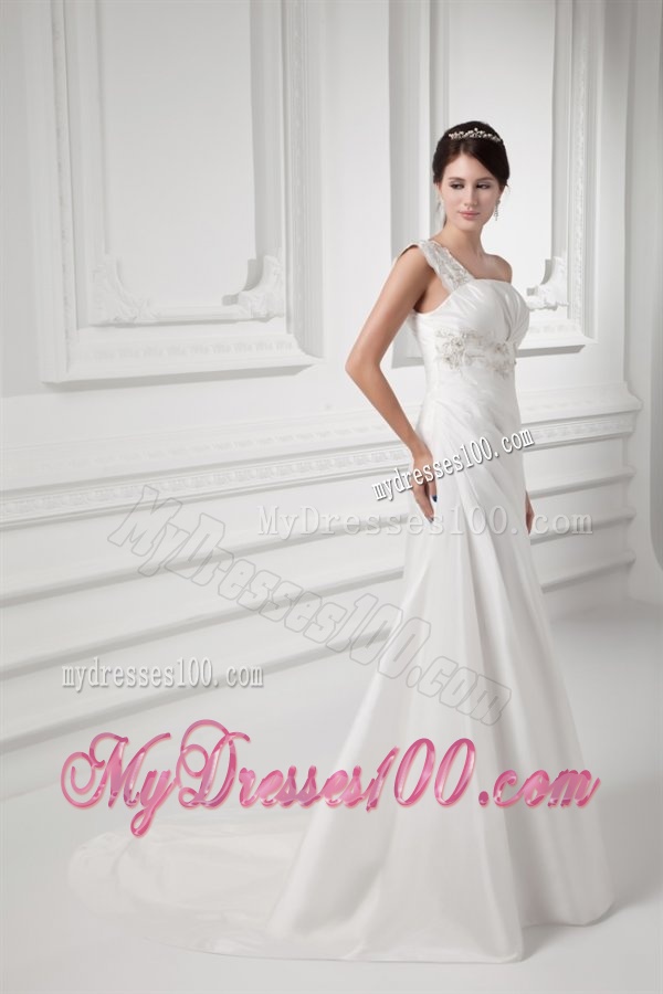 Column One Shoulder Appliques and Ruching Chiffon Wedding Dress