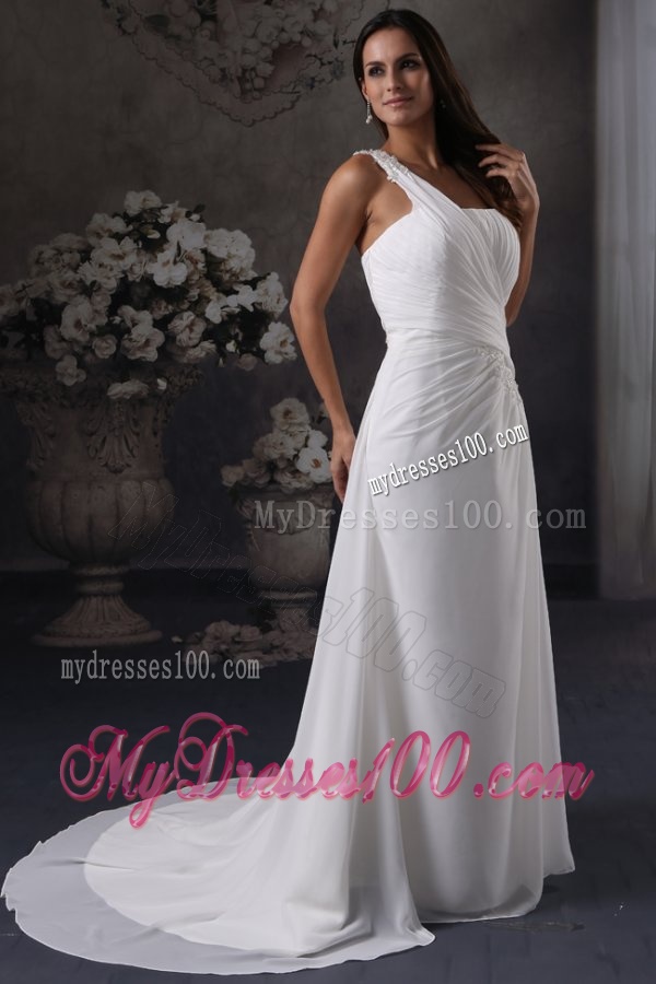 Column One Shoulder Ruching Court Train Chiffon Wedding Dress