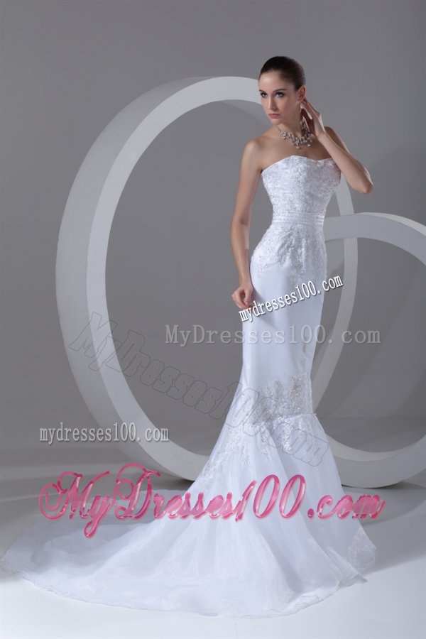 Column Strapless Appliques Court Train Organza Wedding Dress